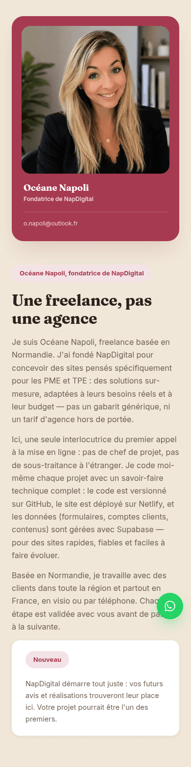 Aperçu de la section À propos du site NapDigital sur mobile